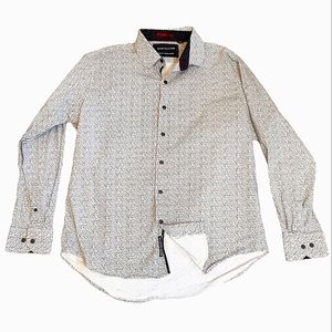 Report Collection mens slim fit abstract black and white button up shirt 17"neck